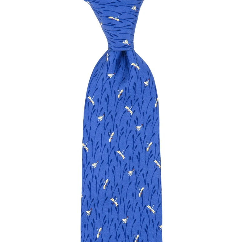 Blue silk tie with yellow dragonflies