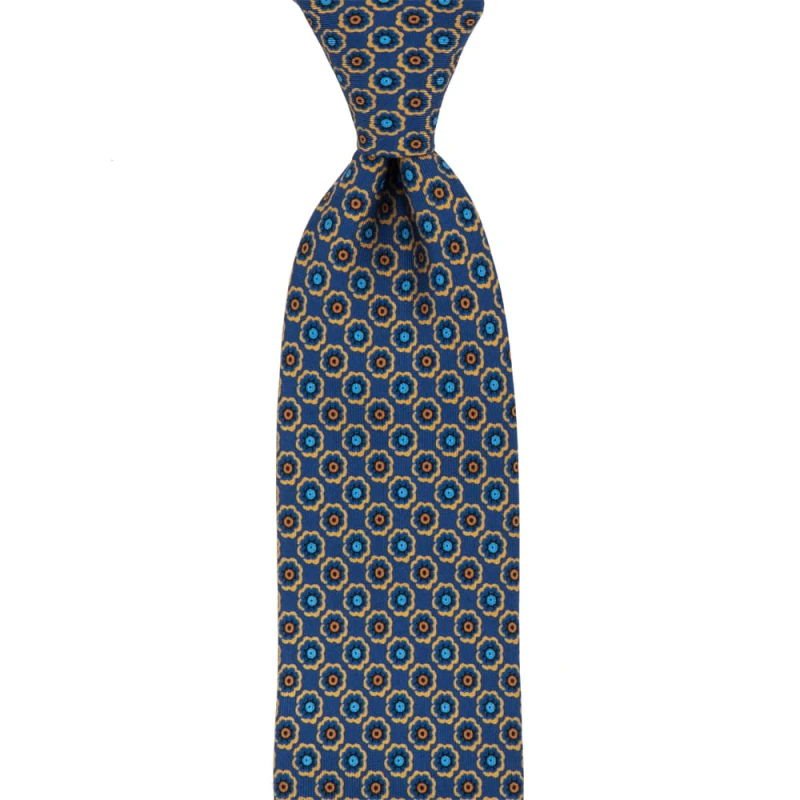 Blue silk tie with golden flowers