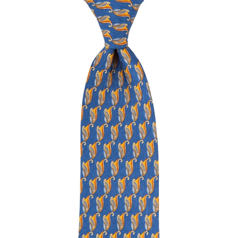 Blue silk tie with a gold pattern