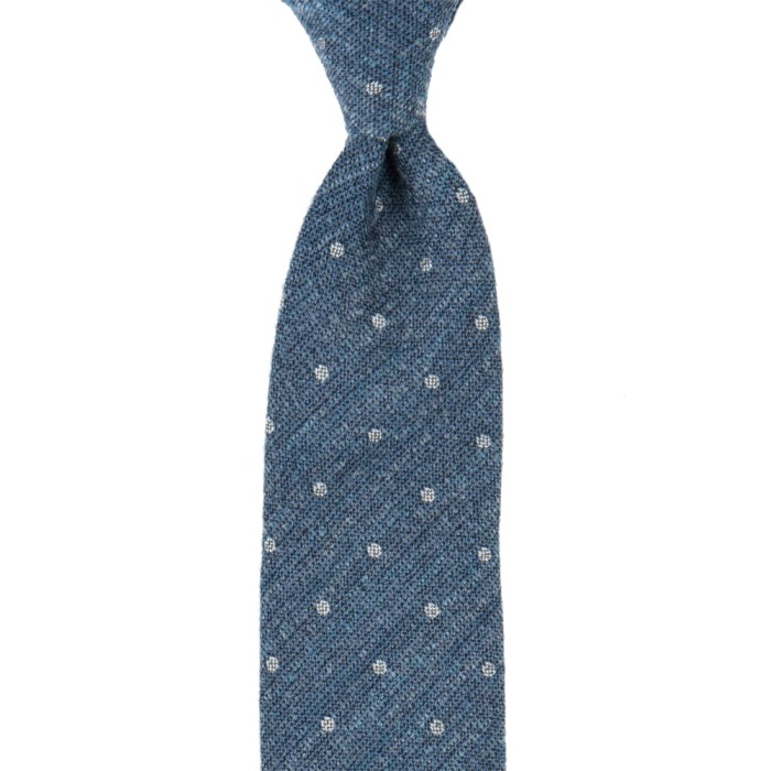 Blue and gray silk tie with light gray polka dots