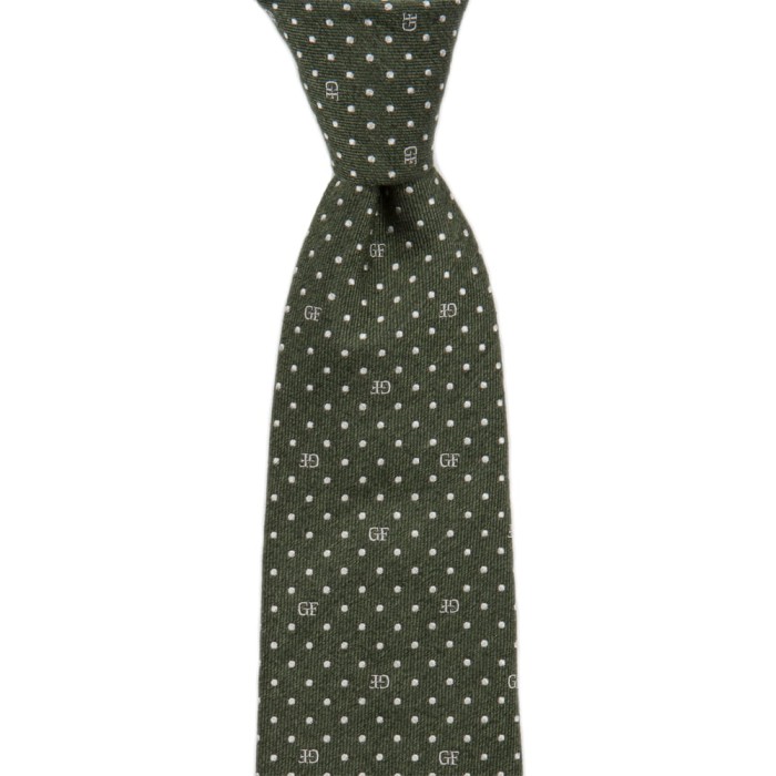 Olive silk tie with white polka dots and monograms by Gianfranco Ferré