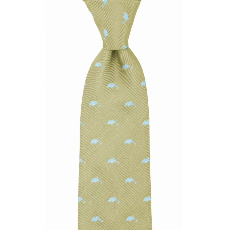 Gold silk tie in blue dolphins