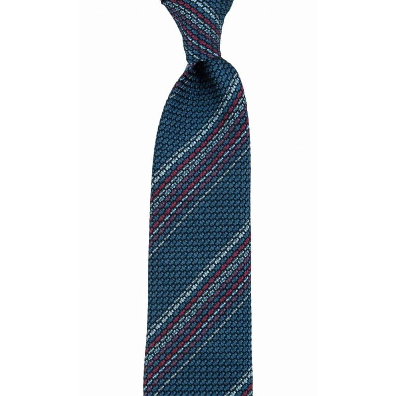 Granatowy krawat z jedwabnej grenadyny w białe, niebieski i ciemno różowe paski