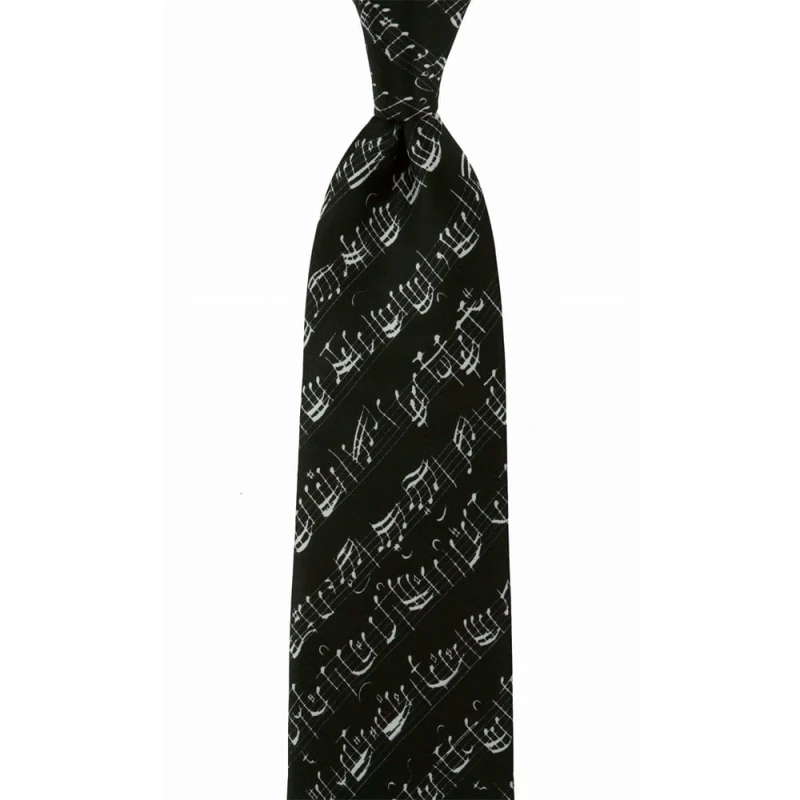 Black silk printed necktie with a melodic pattern