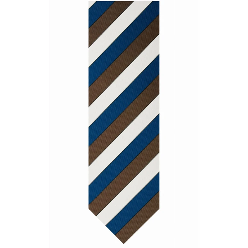 Jacquard silk tie with beige, brown and navy blue stripes