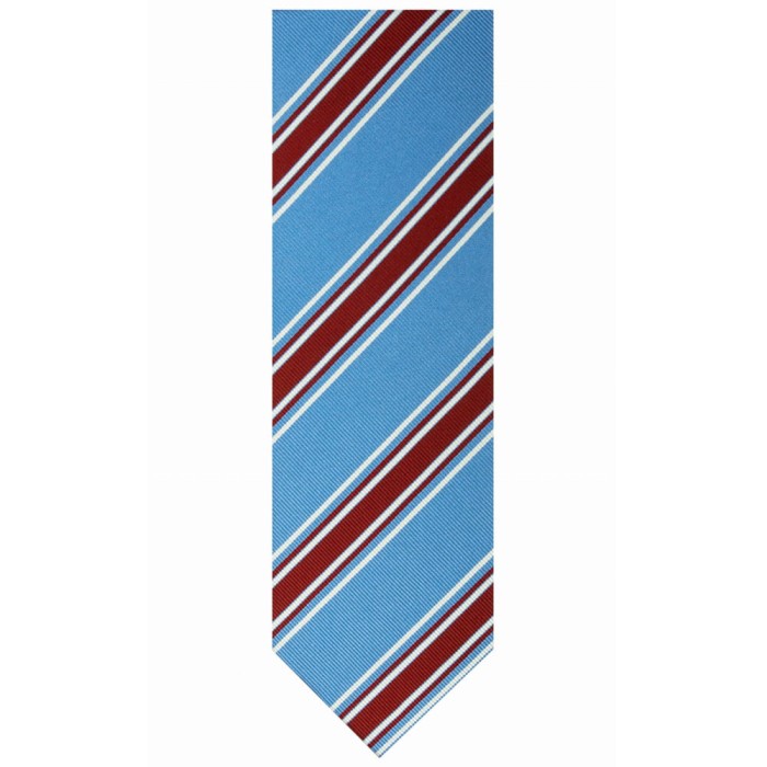 Silk blue tie with red and white stripes.