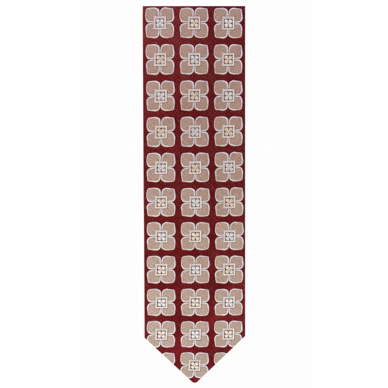 Burgundy silk jacquard tie with a silver floral pattern