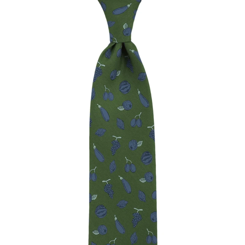 Green tie made of printed silk with a fruit and vegetable pattern
