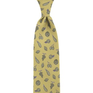 Yellow tie made of printed silk with a fruit and vegetable pattern
