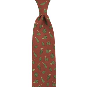 Red tie made of printed silk with a fruit and vegetable pattern