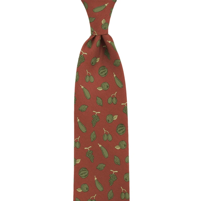 Red tie made of printed silk with a fruit and vegetable pattern