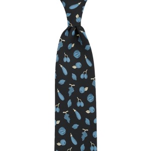 Dark navy blue tie made of printed silk with a fruit and vegetable pattern