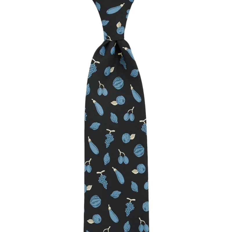 Dark navy blue tie made of printed silk with a fruit and vegetable pattern