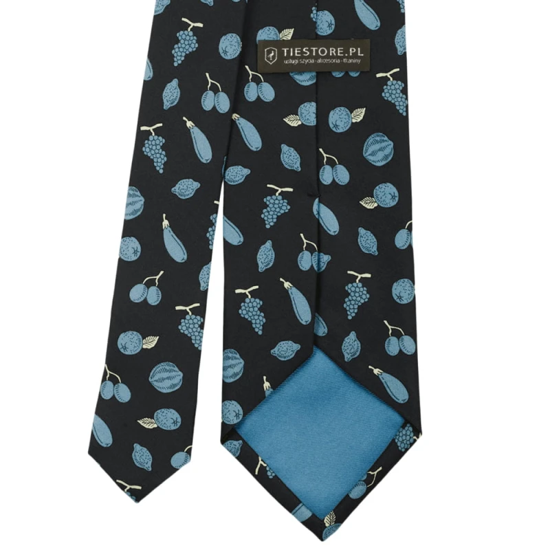 Dark navy blue tie made of printed silk with a fruit and vegetable pattern KST6289a.jpg