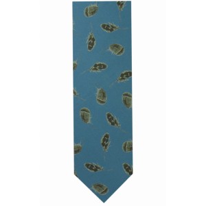 Blue tie in printed silk with a feather pattern