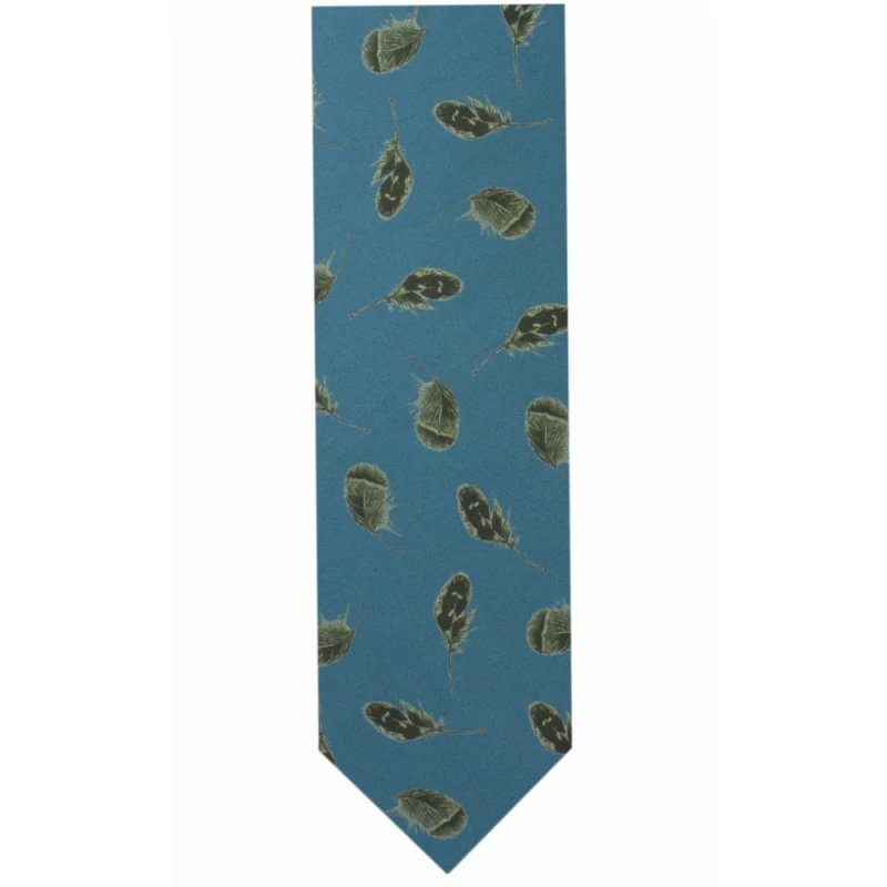 Blue tie in printed silk with a feather pattern