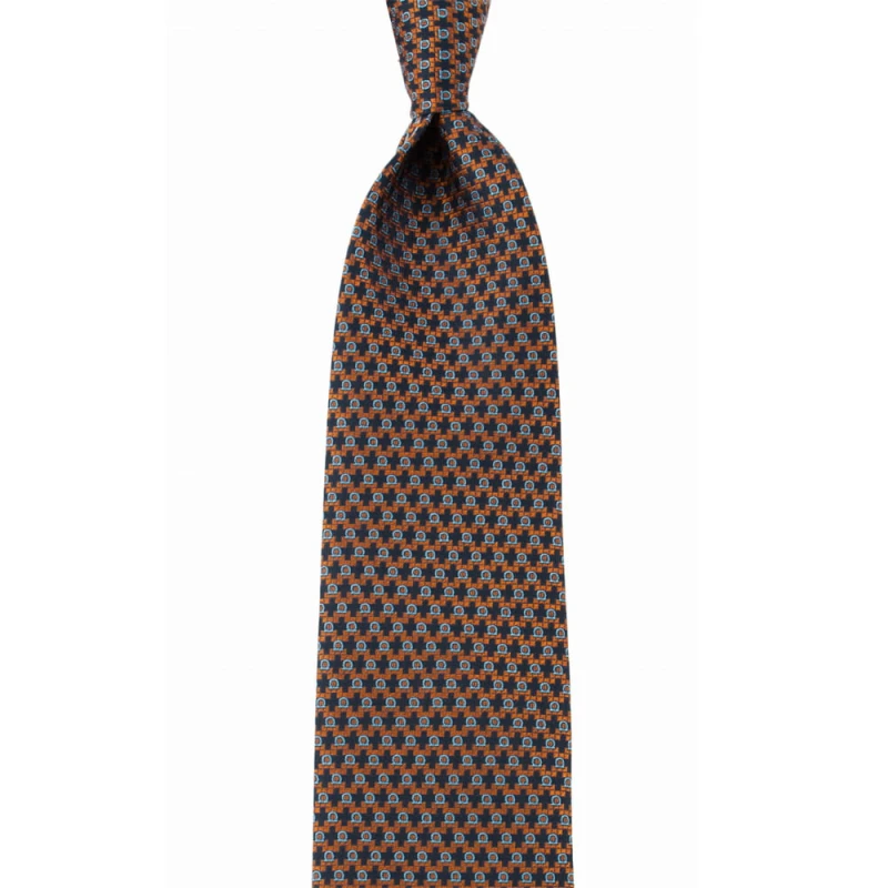 Silk-jacquard tie in navy blue and orange colors and light blue "omega" pattern