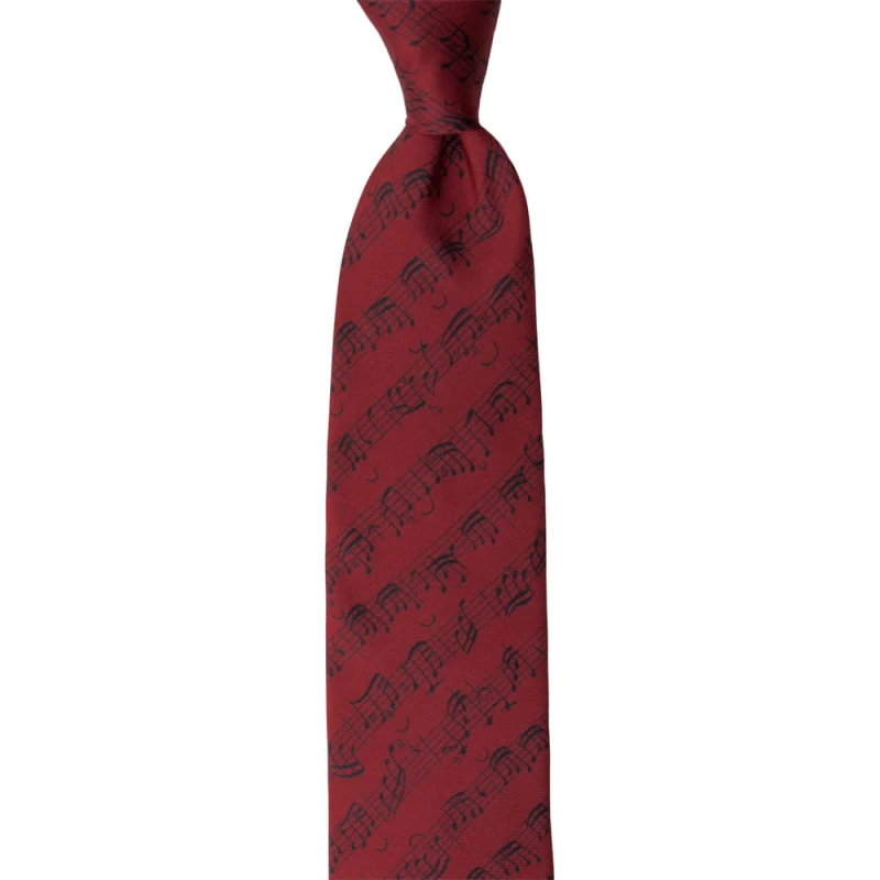 Red silk printed necktie  with a musical note pattern