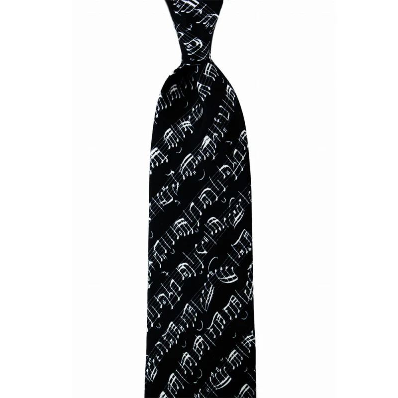 Dark navy blue printed silk tie with musical notes