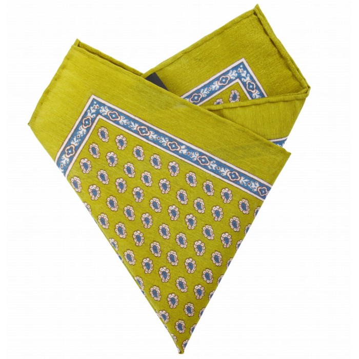 Cotton and silk chartreuse verte pocket square with a paisley pattern