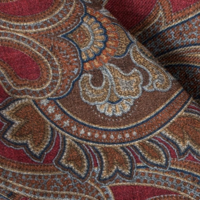 Dark red wool pocket square with a large oriental pattern