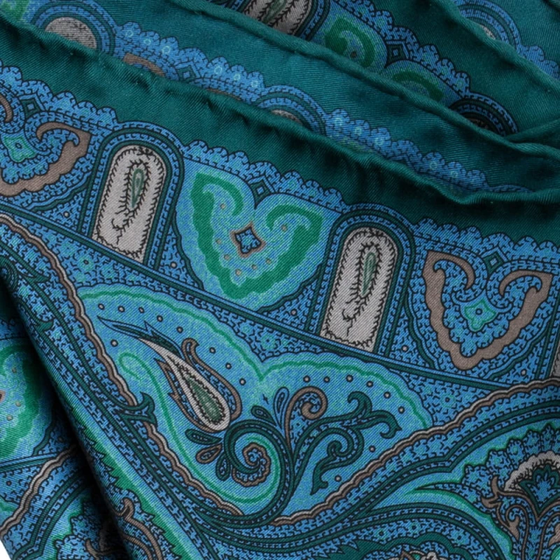 Dark green silk pocket square with paisley pattern