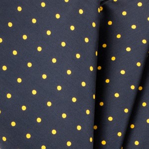 Dark navy blue silk pocket square with yellow polka dots