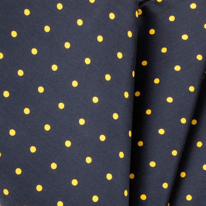 Dark navy blue silk pocket square with yellow polka dots