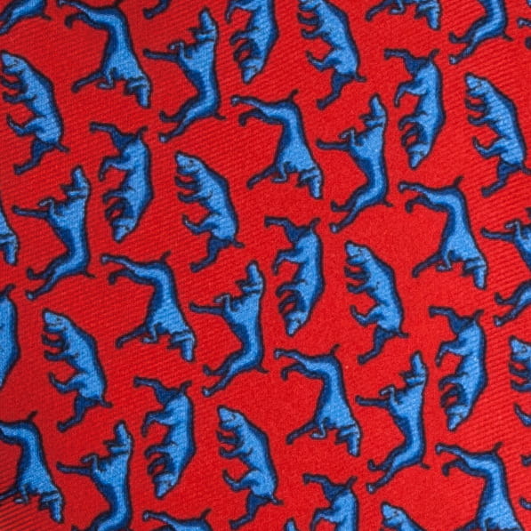 Red silk pocket square with blue dogs
