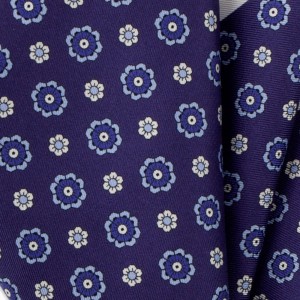 Purple silk pocket square with blue and white flowers