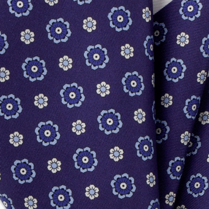 Purple silk pocket square with blue and white flowers