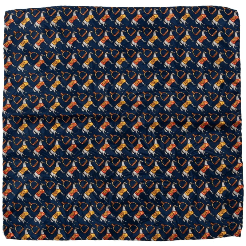 Navy blue silk pocket square with colorful horses