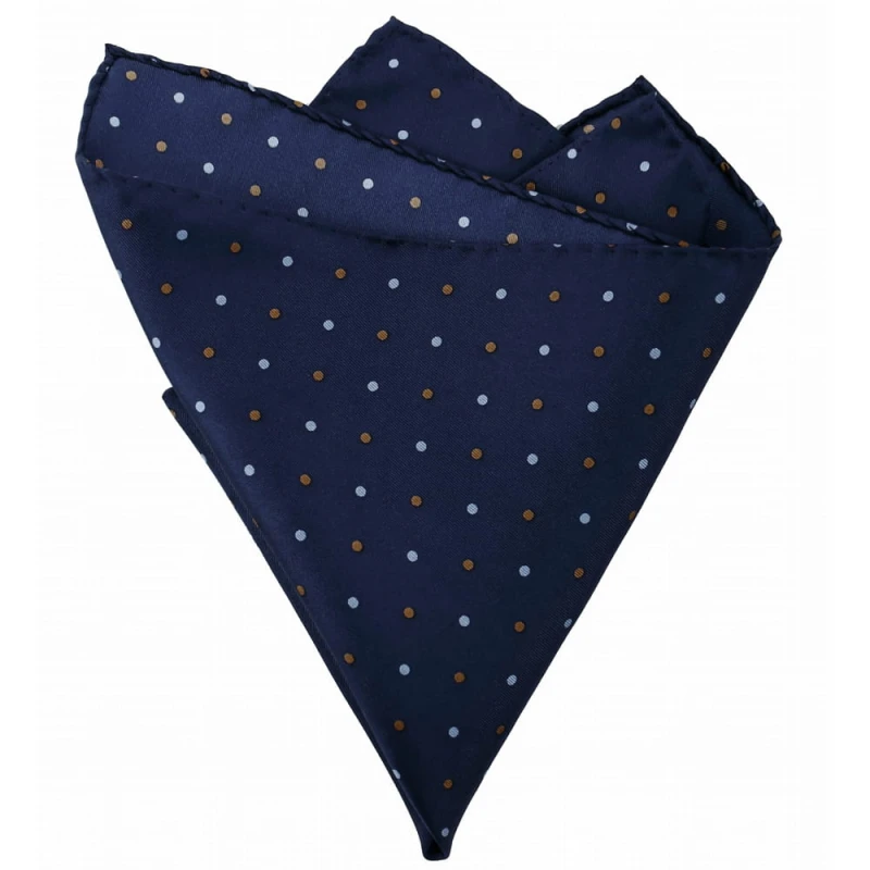 Granatowa jedwabna poszetka w brązowe i niebieskie groszki