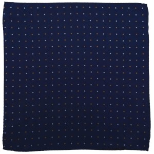 Navy blue silk pocket square with brown and blue polka dots