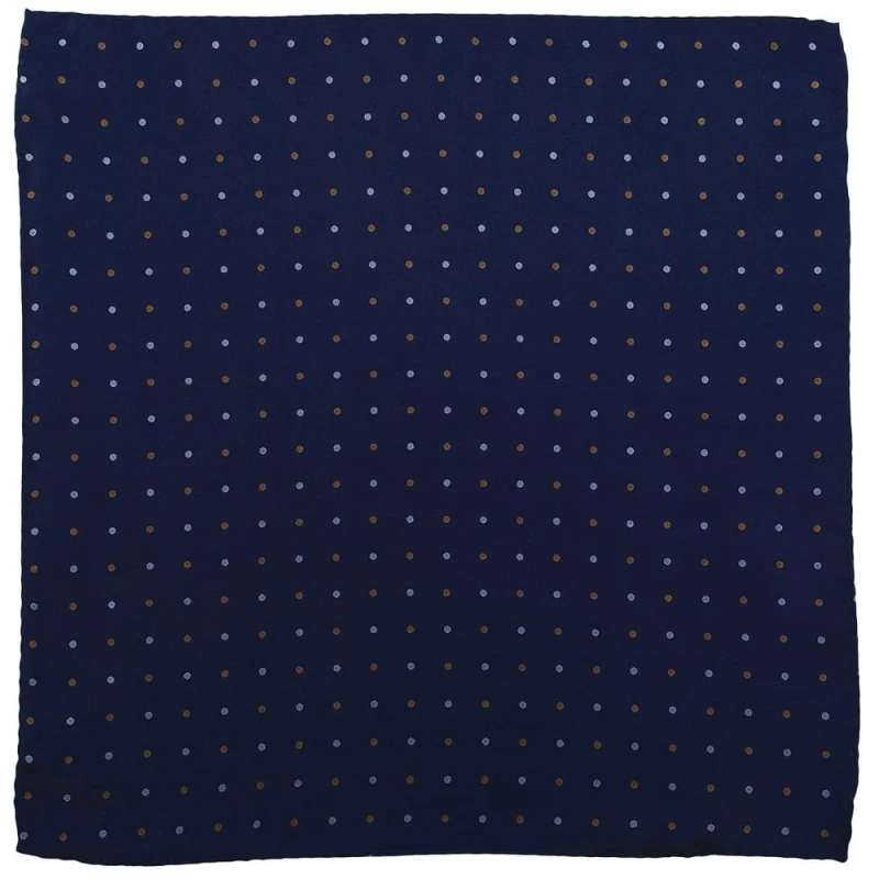 Navy blue silk pocket square with brown and blue polka dots