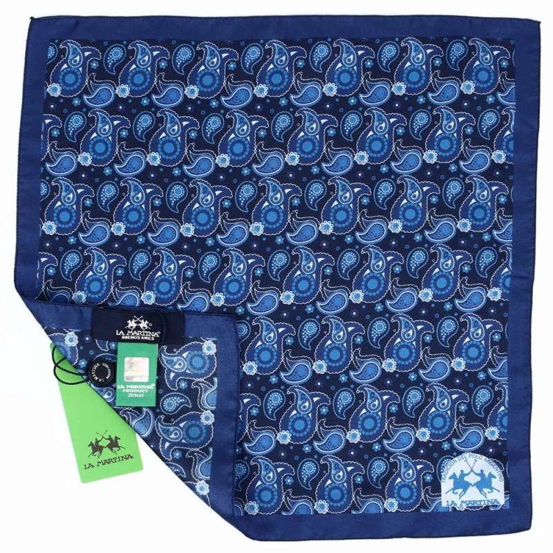 Dark blue La Martina silk pocket square with blue paisley pattern PSLM1883a.jpg