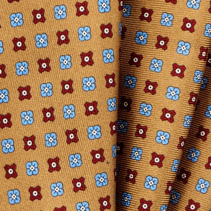 Light brown silk pocket square with red and blue flowers
