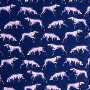 Navy blue silk pocket square with purple dogs