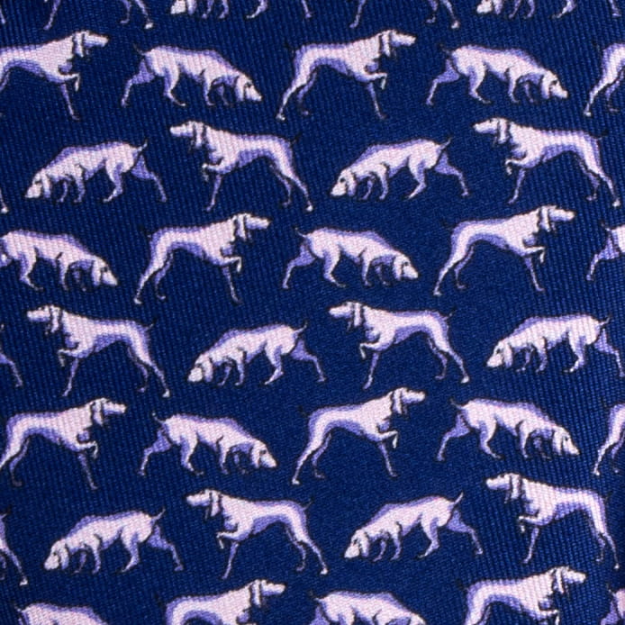 Navy blue silk pocket square with purple dogs