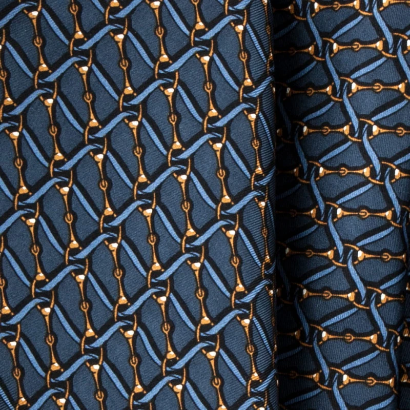 Navy blue silk pocket square with gold chain pattern
