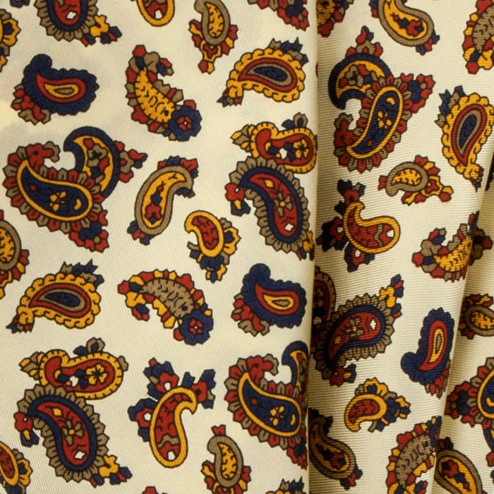 Ecru silk pocket square with colorful paisley