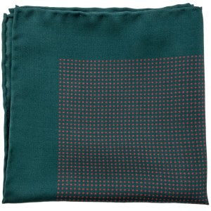 Sea-green silk pocket square with fine red polka dots