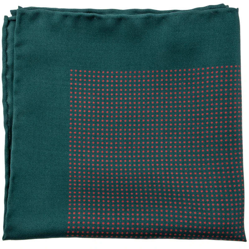 Sea-green silk pocket square with fine red polka dots