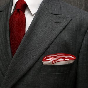 Round white silk pocket square with a red border PS2011a.jpg