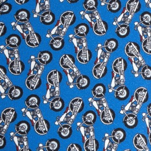 Blue silk pocket square with motorbikes pattern