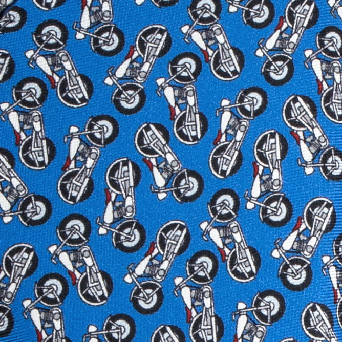 Blue silk pocket square with motorbikes pattern