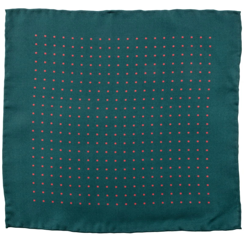 Sea-green silk pocket square with red polka dots