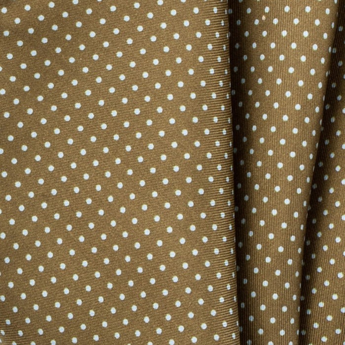 Khaki silk pocket square with light blue polka dots