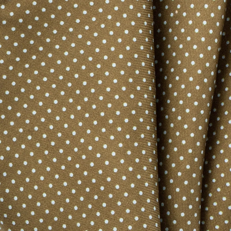 Khaki silk pocket square with light blue polka dots