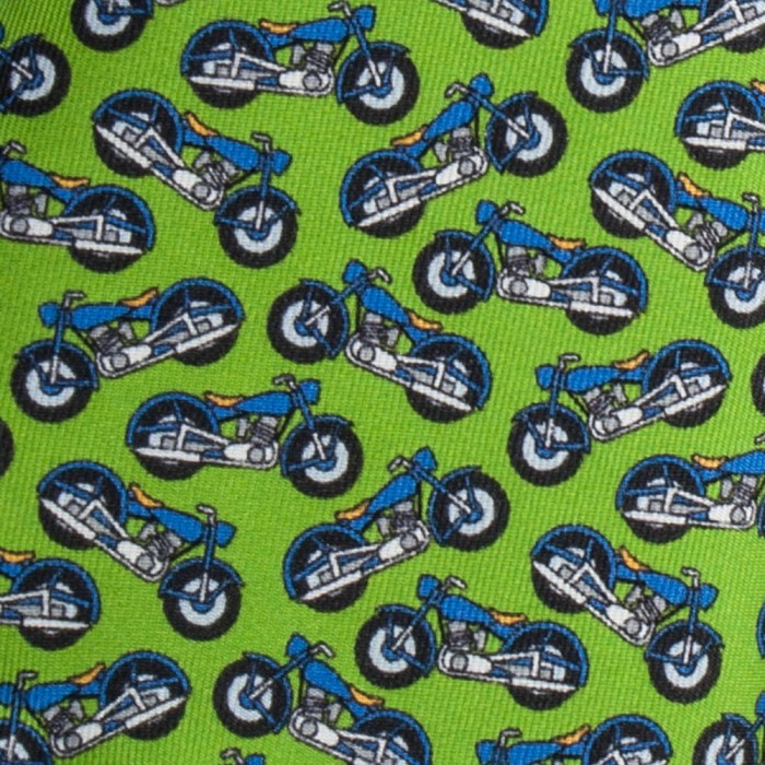 Green silk pocket square with motorbikes pattern